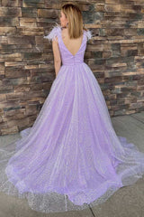 Lilac V Neck A-line Sequins Feather Long Prom Dress with Slit