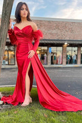 Red Strapless Long Prom Dress with Detachable Sleeves