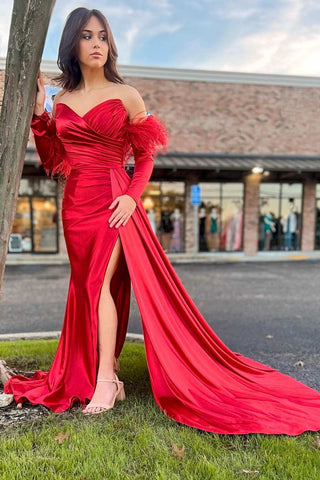 Red Strapless Long Prom Dress with Detachable Sleeves