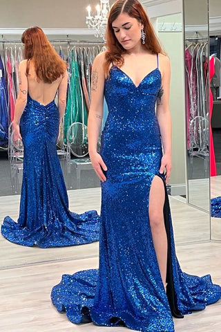 Langes Abendkleid im Meerjungfrau-Stil mit blauen Pailletten und offenem Rücken und Schlitz
