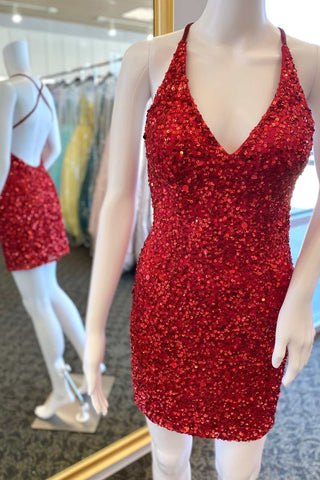 Red Sequin Cross-Back Short Homecoming Dress