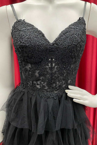 Black Tulle Lace Cutout Back Multi-Tiered A-Line Prom Dress
