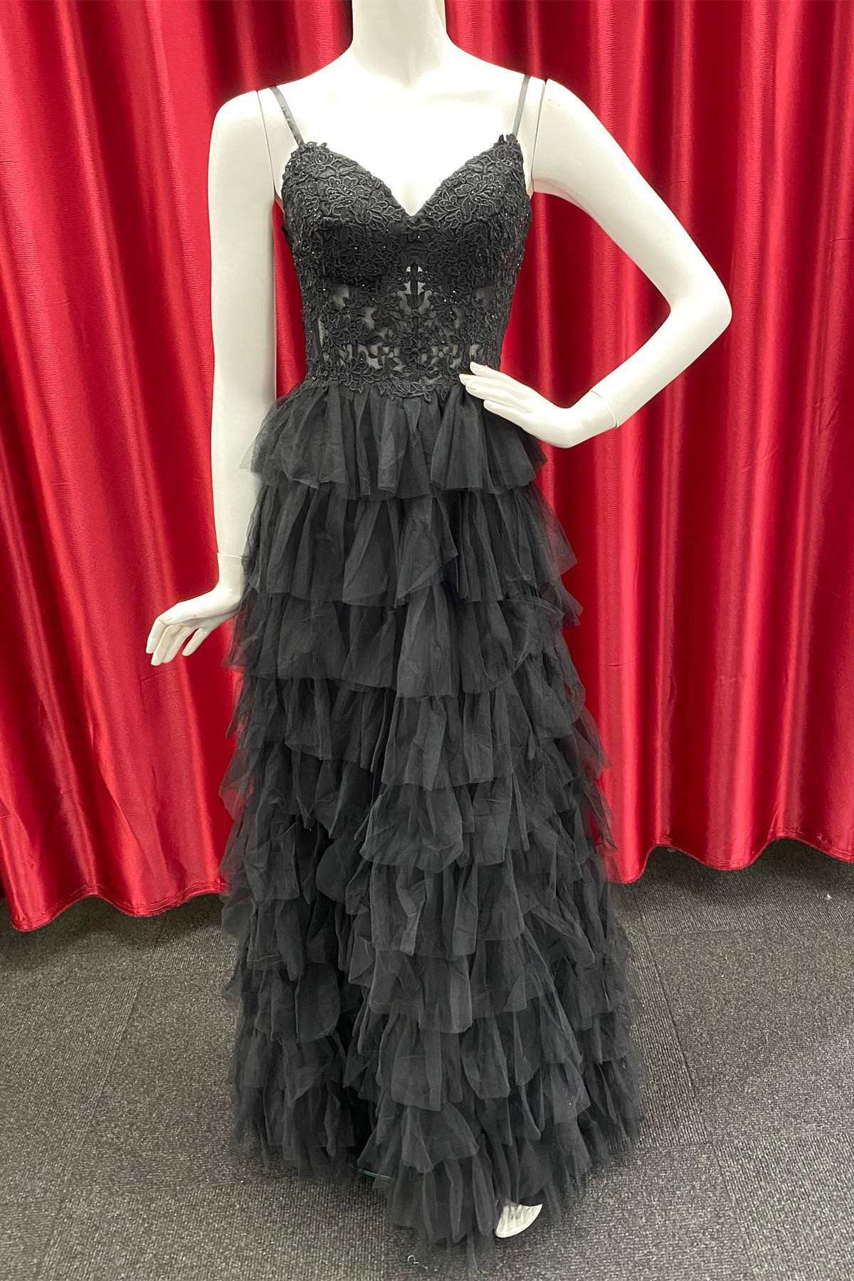 Black Tulle Lace Cutout Back Multi-Tiered A-Line Prom Dress