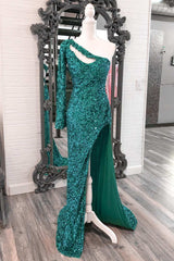 Emerald Sequin One-Sleeve Keyhole Long Prom Dress with Slit