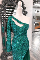 Emerald Sequin One-Sleeve Keyhole Long Prom Dress with Slit