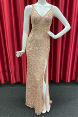 Champagne Sequin V-Neck Cutout Back Long Formal Dress with Slit