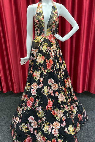 Floral Halter Open Back A-Line Prom Dress