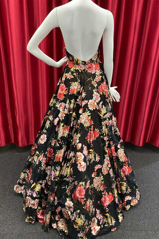 Floral Halter Open Back A-Line Prom Dress