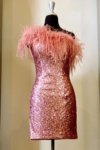 Pink Sequin Feather One-Shoulder Mini Dress