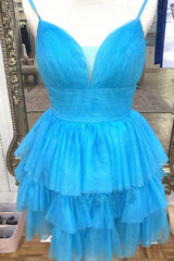 Blue V-Neck Tiered Short Homecoming Dress