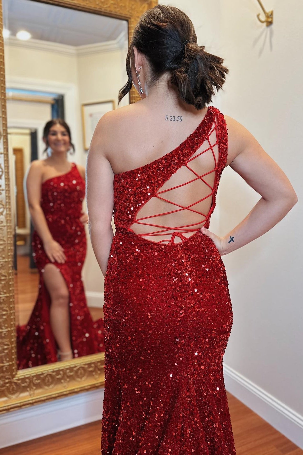 Red Trumpet Lace-Up Back One Shoulder Sequins Long Prom Gown with Slit