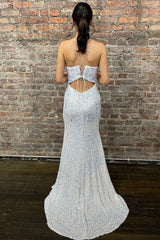 White Iridescent Sequin Lace-Up Back Mermaid Long Prom Dress with Slit