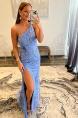 Blue Mermaid One Shoulder Straps Beaded Applique Long Prom Dress with Slit