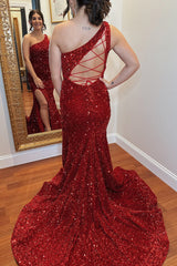 Red Trumpet Lace-Up Back One Shoulder Sequins Long Prom Gown with Slit