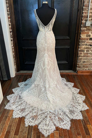 Beige Lace V-Neck Backless Mermaid Long Bridal Gown