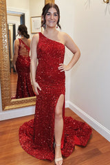 Red Trumpet Lace-Up Back One Shoulder Sequins Long Prom Gown with Slit