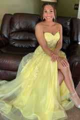 Yellow Tulle Floral Lace Sweetheart A-Line Prom Dress with Slit