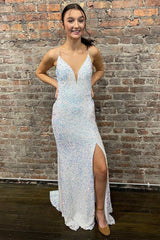 White Iridescent Sequin Lace-Up Back Mermaid Long Prom Dress with Slit