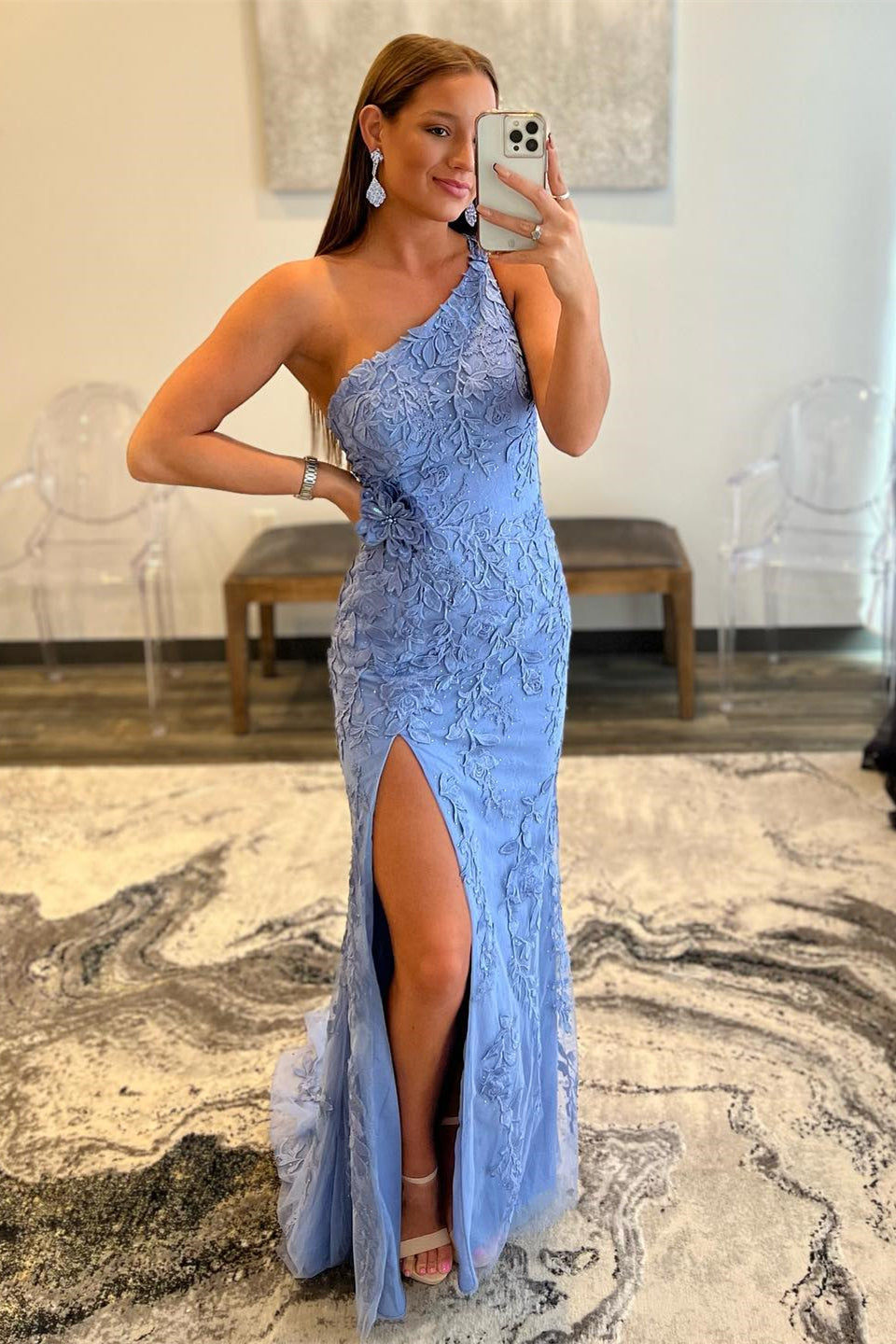 Blue Mermaid One Shoulder Straps Beaded Applique Long Prom Dress with Slit