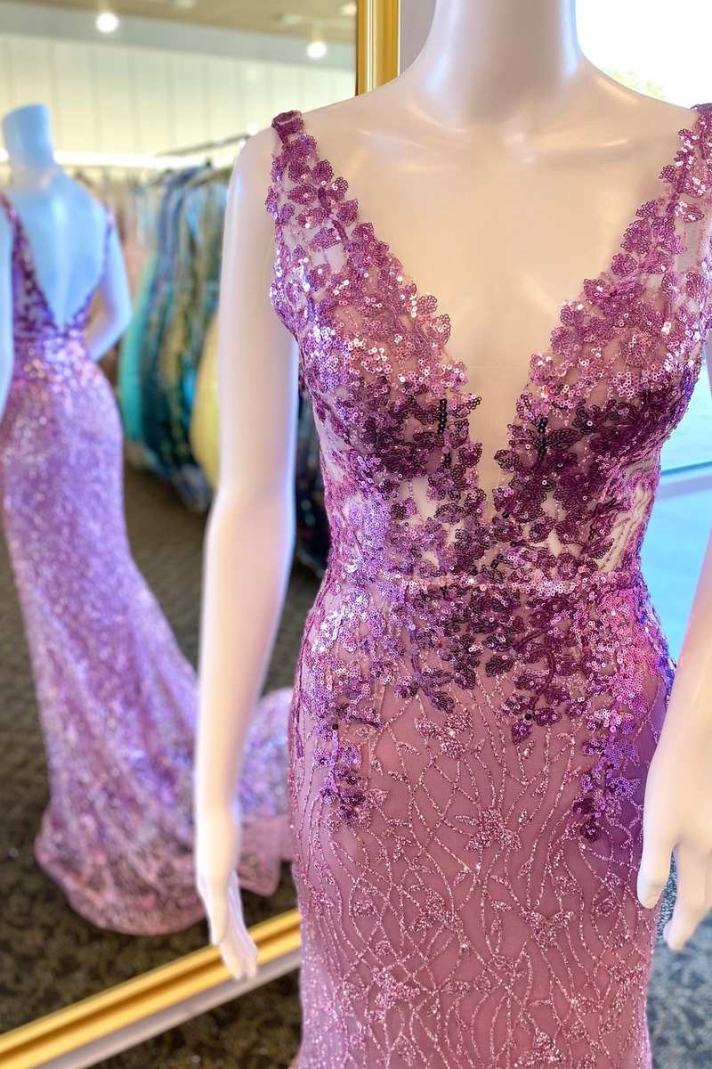 Purple Sequin Lace Backless Mermaid Long Formal Gown