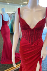 Red Beaded Backless Mermaid Long Formal Dress with Slit