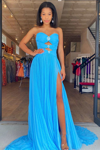 Red Strapless Cutout Slit Long Prom Dress with Sleeves