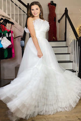 White Organza Strapless Belted Tiered Long Prom Dress