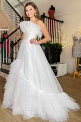 White Organza Strapless Belted Tiered Long Prom Dress