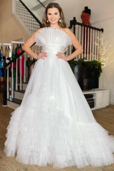 White Organza Strapless Belted Tiered Long Prom Dress