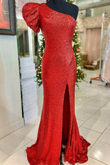 Red Sequin One-Sleeve Mermaid Long Formal Dress with Slit