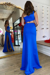 Blue One-Shoulder Cutout Mermaid Long Prom Dress with Cut Glass Mirrors