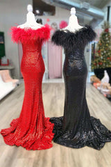 Black Sequin Feather Off-the-Shoulder Mermaid Long Formal Dress