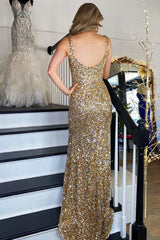 Gold Sequin Square Neck Backless Mermaid Long Prom Dress with Slit