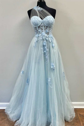 Fairy-Tale Light Blue Sweetheart A-Line Prom Dress with 3D Floral Lace