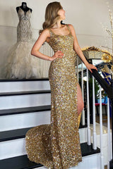 Gold Sequin Square Neck Backless Mermaid Long Prom Dress with Slit