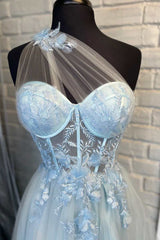 Fairy-Tale Light Blue Sweetheart A-Line Prom Dress with 3D Floral Lace