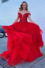 Off-the-Shoulder Red Lace Multi-Tiered Long Prom Gown