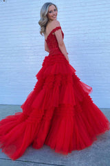 Off-the-Shoulder Red Lace Multi-Tiered Long Prom Gown