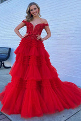 Off-the-Shoulder Red Lace Multi-Tiered Long Prom Gown