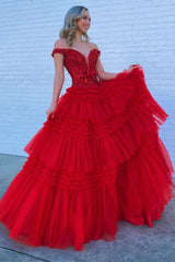 Off-the-Shoulder Red Lace Multi-Tiered Long Prom Gown