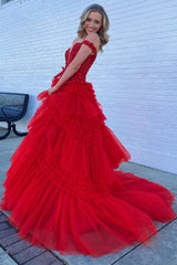 Off-the-Shoulder Red Lace Multi-Tiered Long Prom Gown