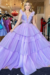 Lavender Ruffles Plunge V Tiered Long Prom Gown