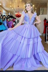 Lavender Ruffles Plunge V Tiered Long Prom Gown