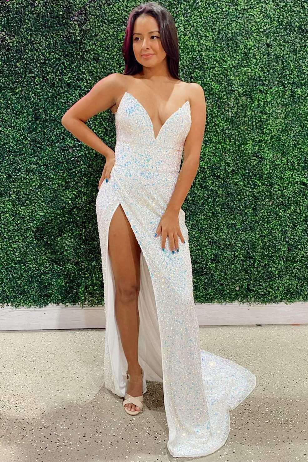 White Iridescent Sequin Strapless Long Formal Dress with Slit