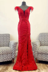 Red Lace Feather V-Neck Mermaid Long Prom Dress