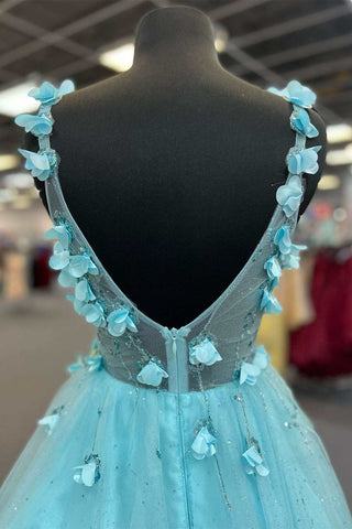 Blaues, rückenfreies, kurzes Partykleid in A-Linie mit 3D-Blumenspitze und Herzausschnitt