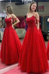 Red A-line Off-the-Shoulder Tulle Beaded Long Prom Gown