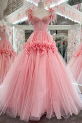 Pink A-line Sweetheart Tulle Feather 3D Applique Long Prom Dress