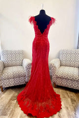 Red Lace Feather V-Neck Mermaid Long Prom Dress