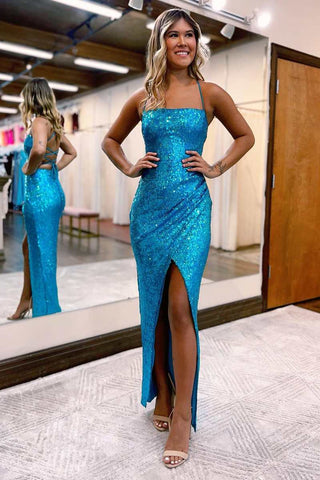 Blue Sequin Lace-Up Back Sheath Long Formal Dress with Slit